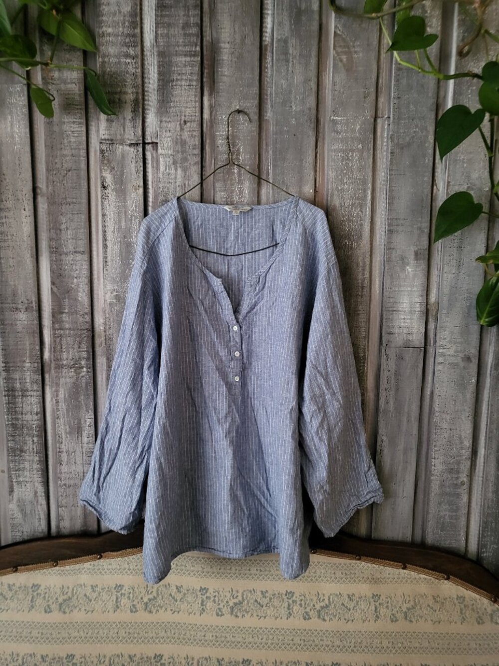 Hester & Orchard Linen Blend Blue White Pinstripe Roll Tab Sleeve Blouse 3X